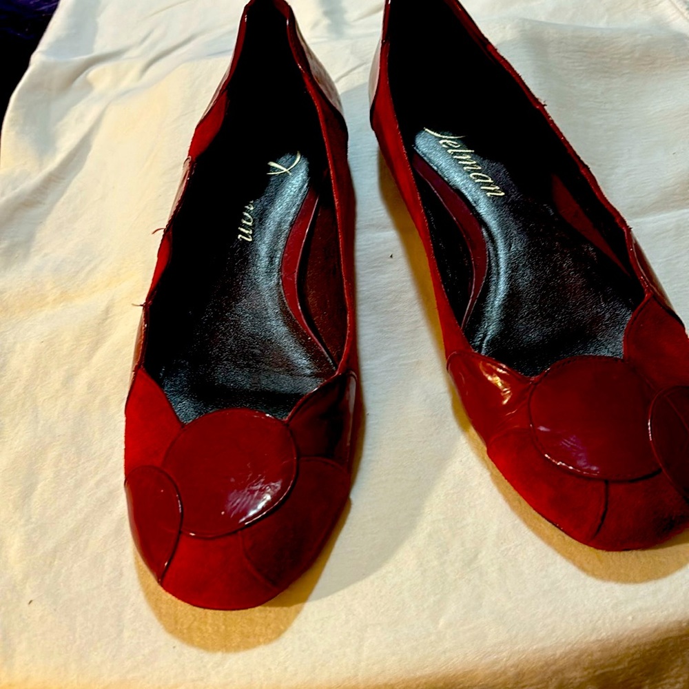 Delman red leather and red suede flats